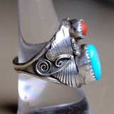 Vintage Sterling Turquoise and Coral Feather Ring 9.5