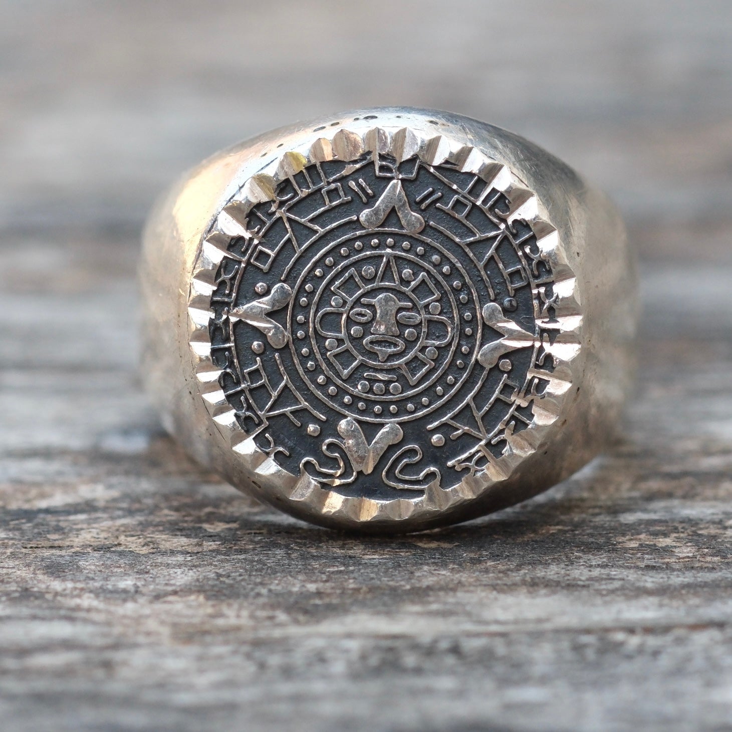Vintage Sterling Silver Aztec Calendar Ring 7