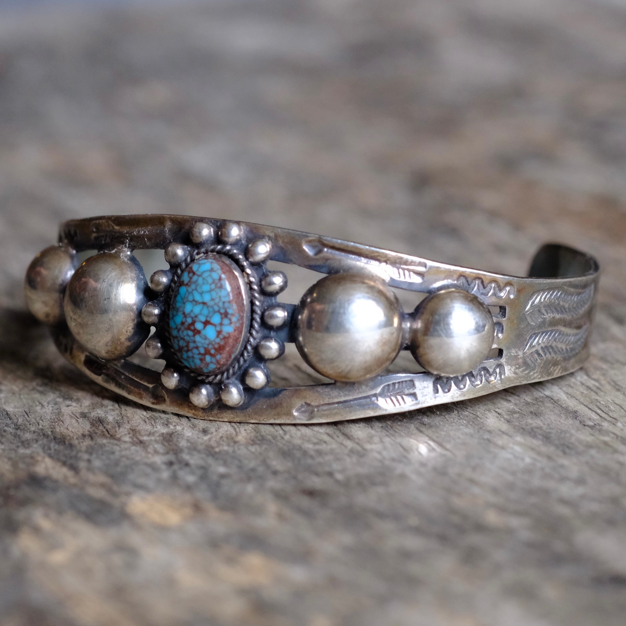 Vintage Fred Harvey Era Sterling Turquoise Stamped Cuff bracelet