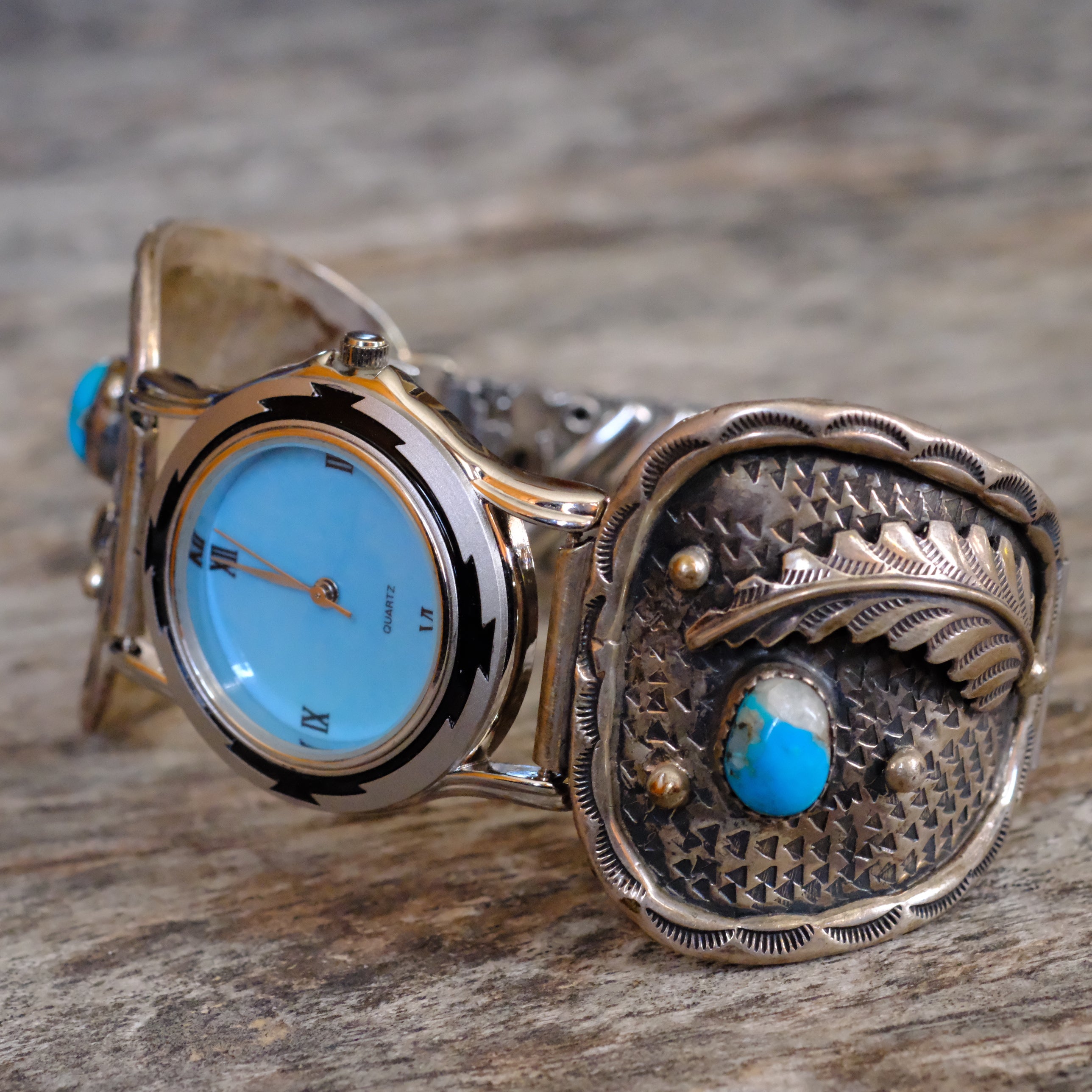 Vintage Sterling Turquoise Feather Watch With Turquoise Dial