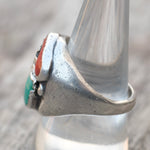 Vintage Sterling Turquoise and Coral Feather Ring 9.75