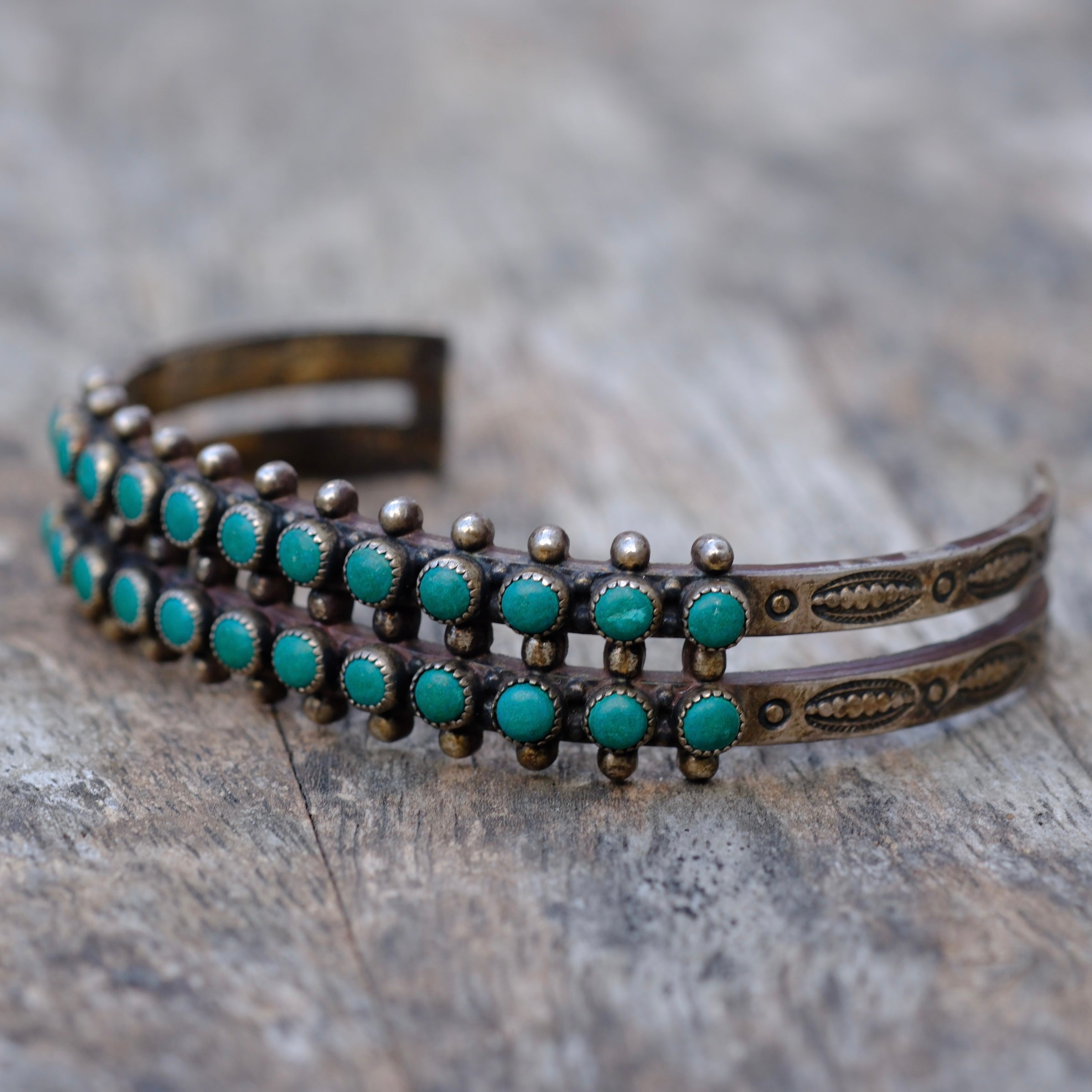 Vintage Sterling Snake Eye Turquoise Double Row Stamped Cuff Bracelet