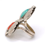 Vintage Sterling Turquoise and Coral Feather Ring 6.25
