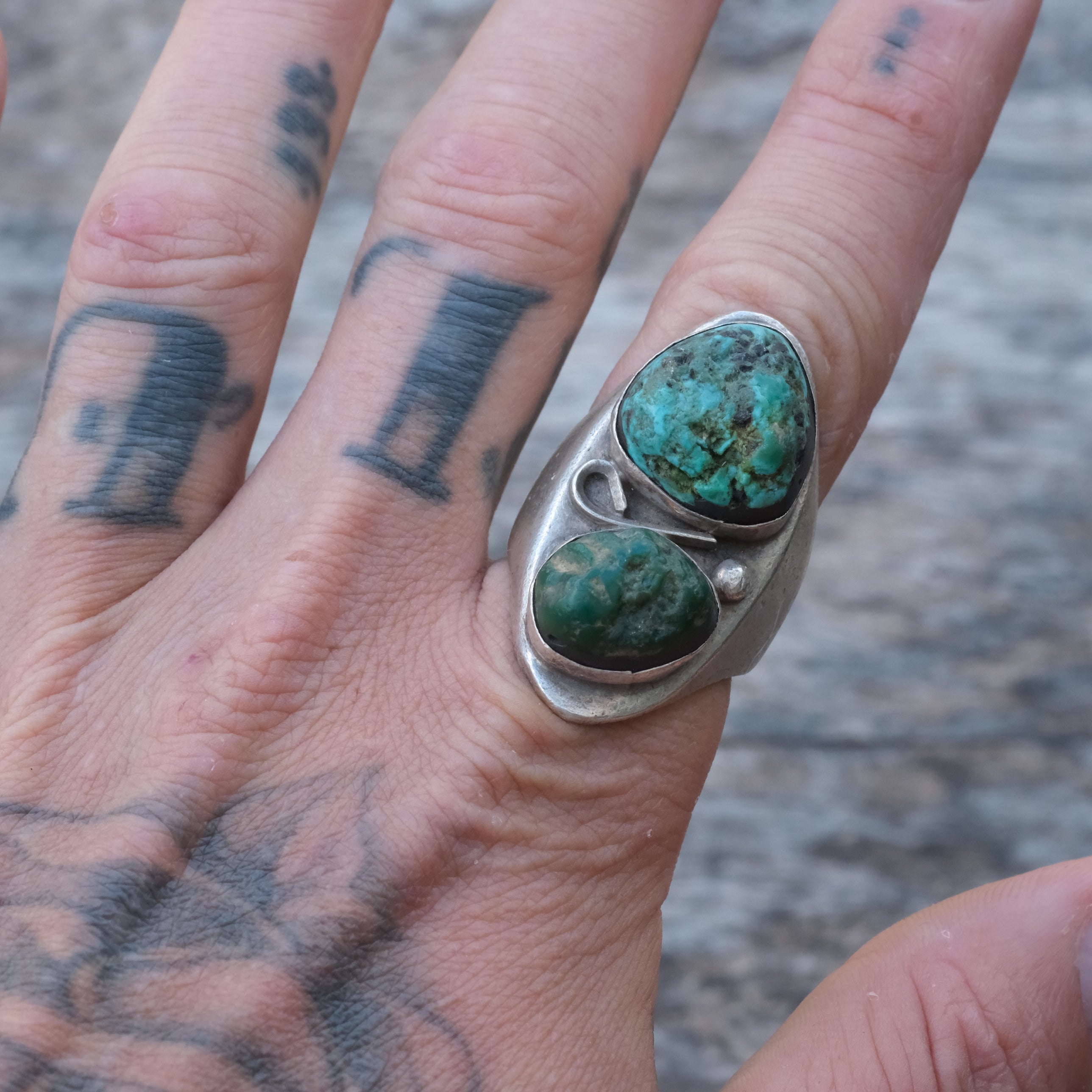 Older Vintage Sterling 2-Stone Turquoise Ring 10.75