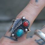 Vintage Sterling Turquoise and Coral Feather Ring 7.75