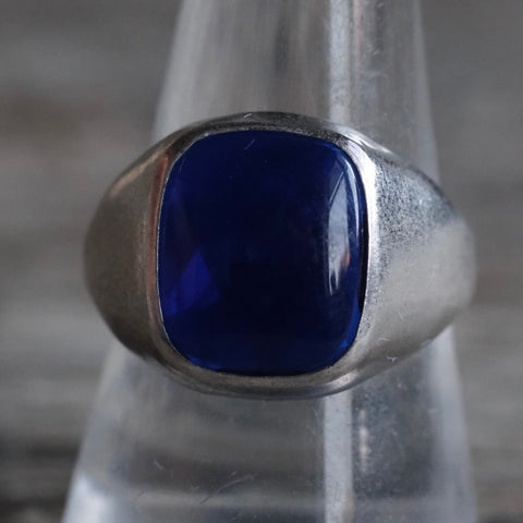 Vintage Sterling Blue Glass Signet Ring 9.75