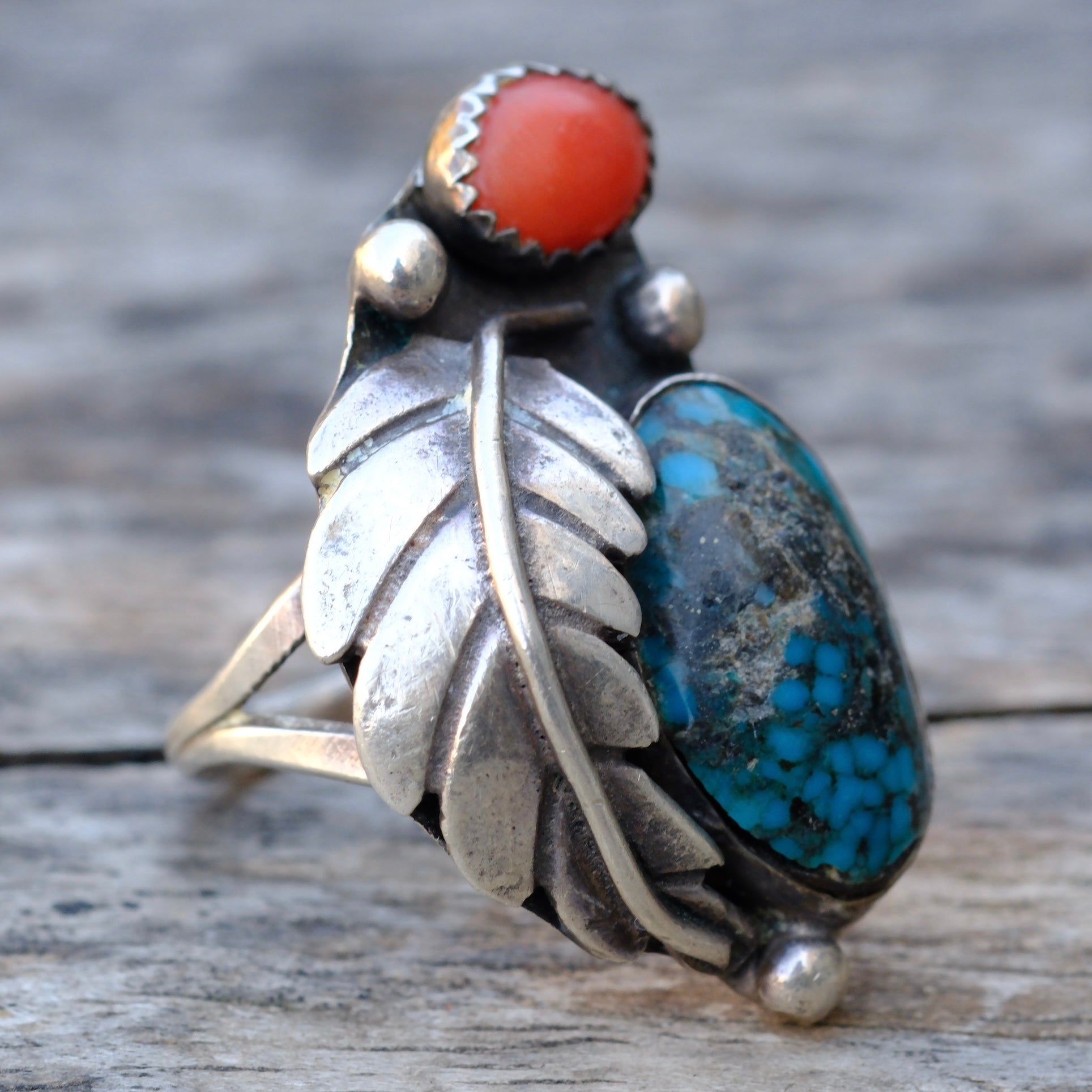 Vintage Sterling Turquoise and Coral Feather Ring 5.5