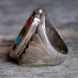 Vintage Sterling Turquoise and Coral Horseshoe Ring 7.25