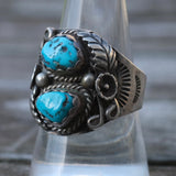 Vintage Sterling 2-Stone Turquoise Feather Ring 9.5