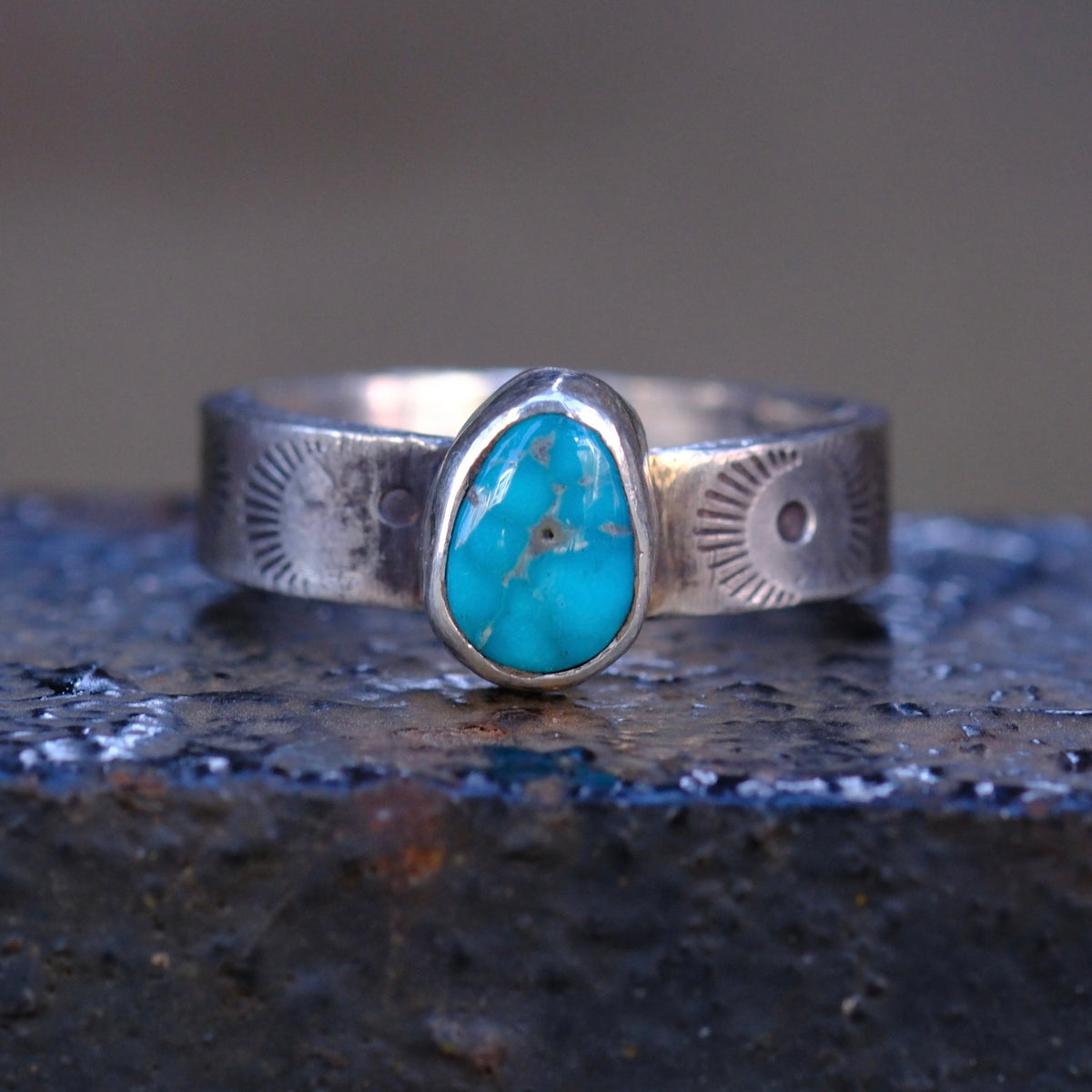 Sterling Silver Lone Mountain Turquoise Stamped Band Ring 6.5