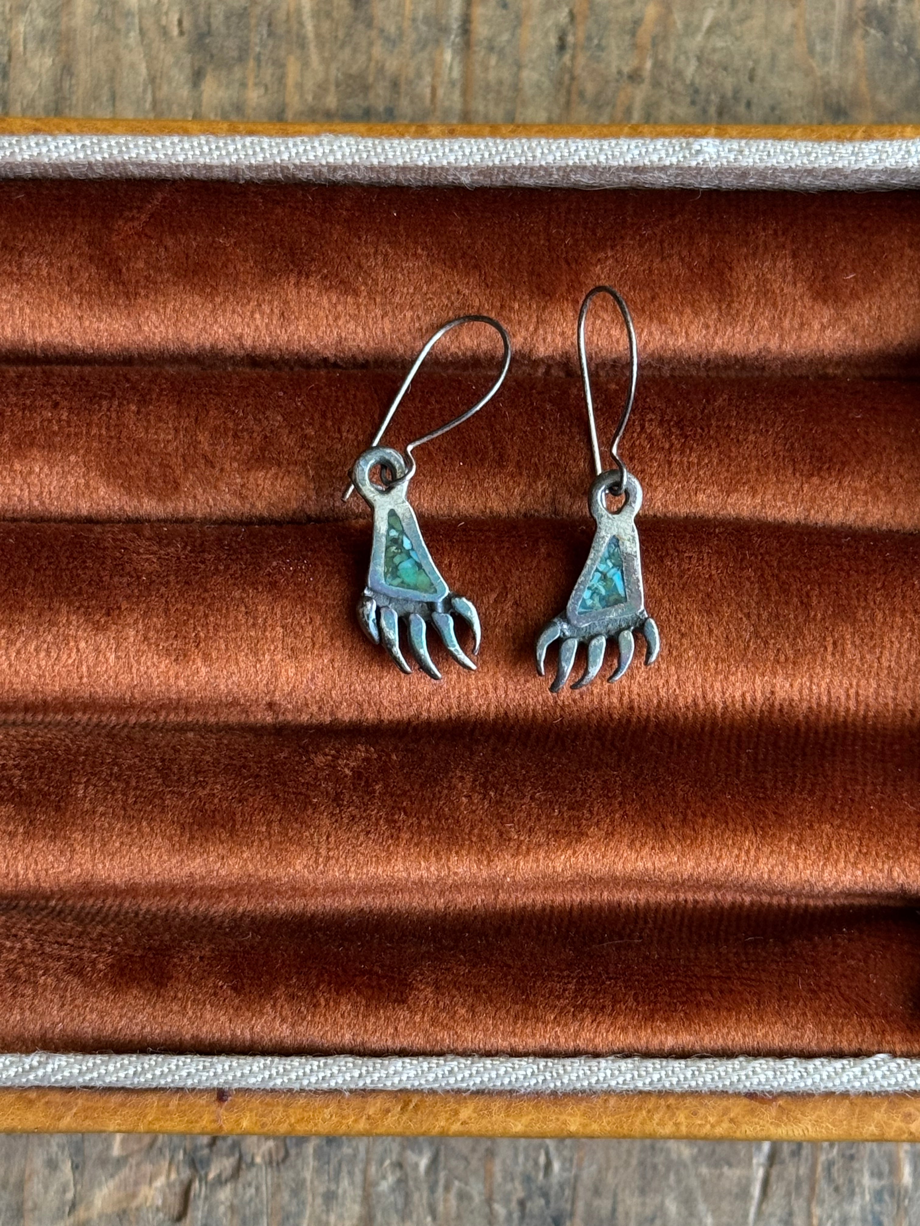 Vintage Sterling Silver Turquoise Inlay Bear Paw Earrings