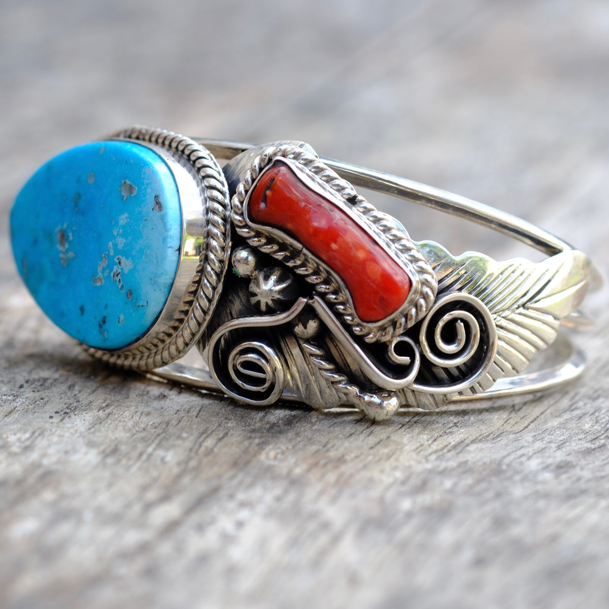 Vintage Sterling Turquoise and Coral Cuff Bracelet