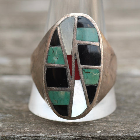 Vintage Sterling Zuni Inlay Ring 13.5