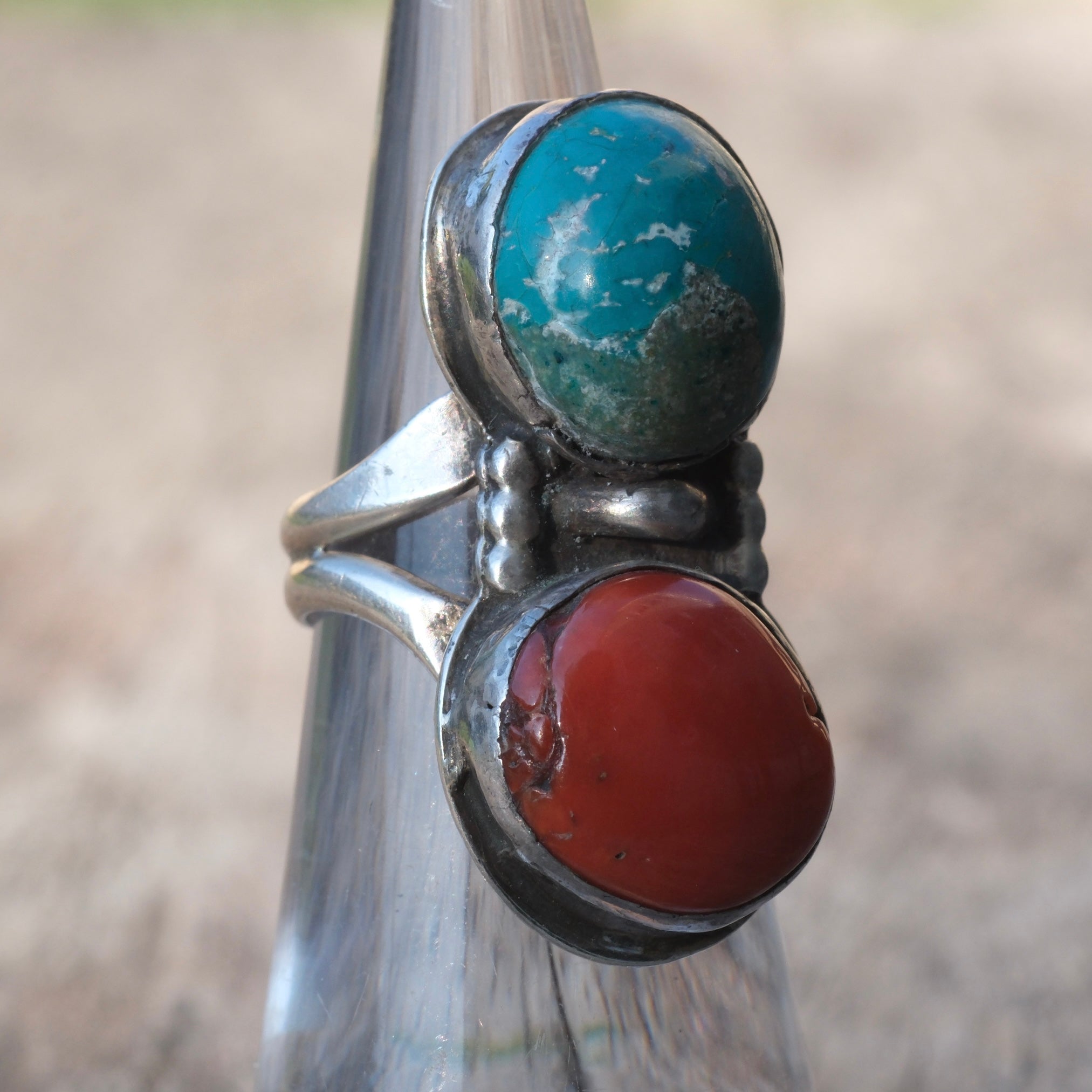 Vintage Sterling Turquoise and Coral Ring 3.5