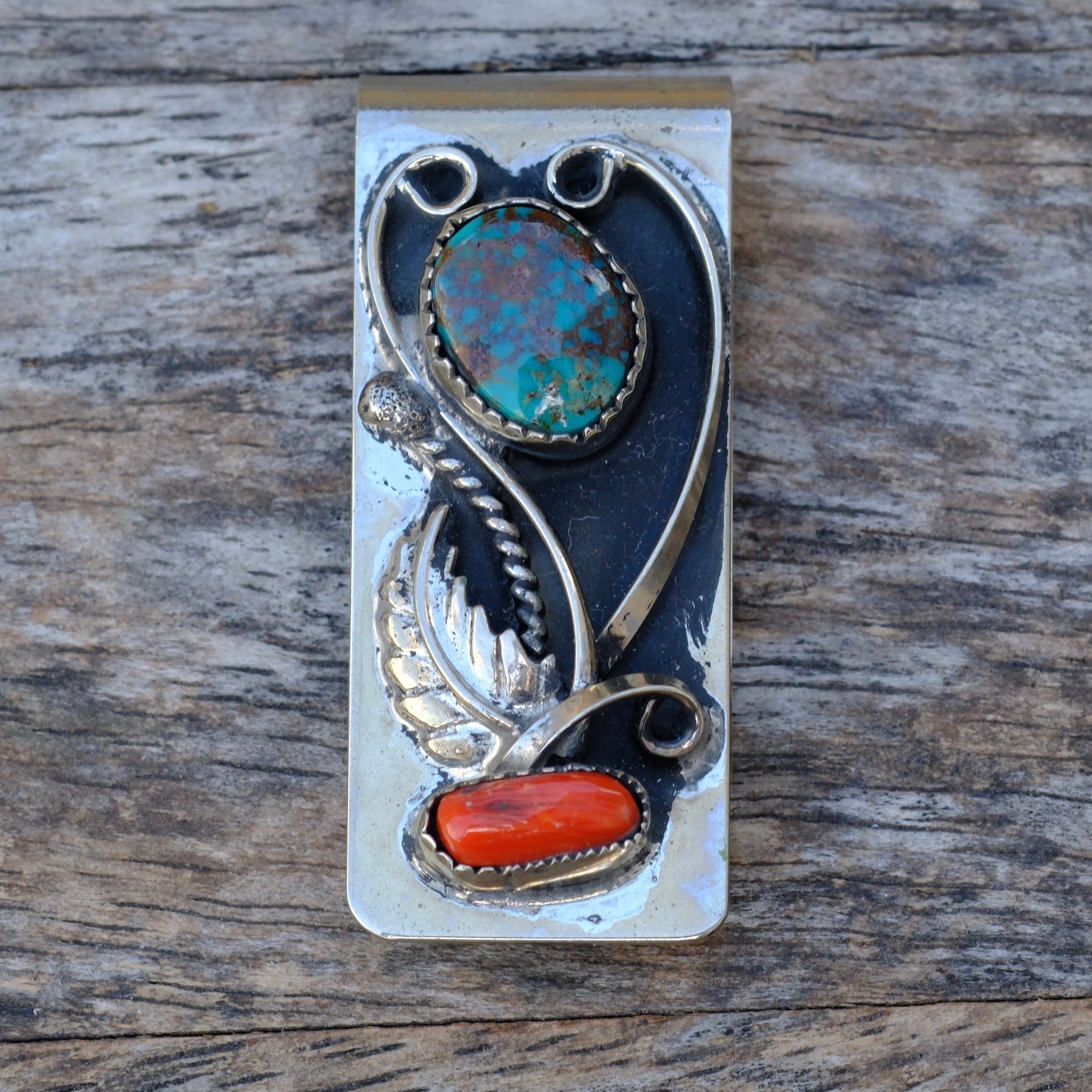 Vintage Turquoise and Coral Feather Money Clip