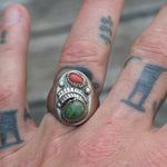 Vintage Sterling Turquoise and Coral Feather Ring 9.5