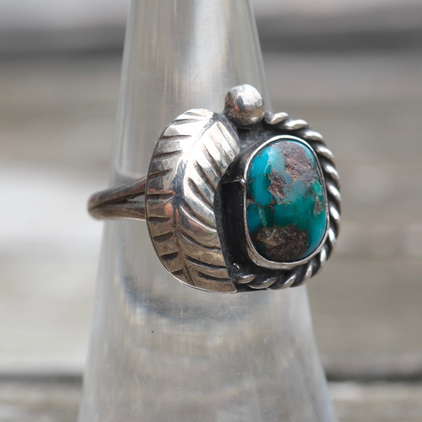 Vintage Sterling Turquoise Feather Ring 5.75
