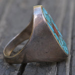 Vintage Sterling Crushed Turquoise and Coral Inlay Ring 11