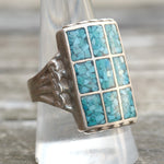 Vintage Sterling Crushed Turquoise Inlay Panel Ring 10.5