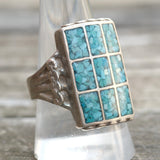 Vintage Sterling Crushed Turquoise Inlay Panel Ring 10.5