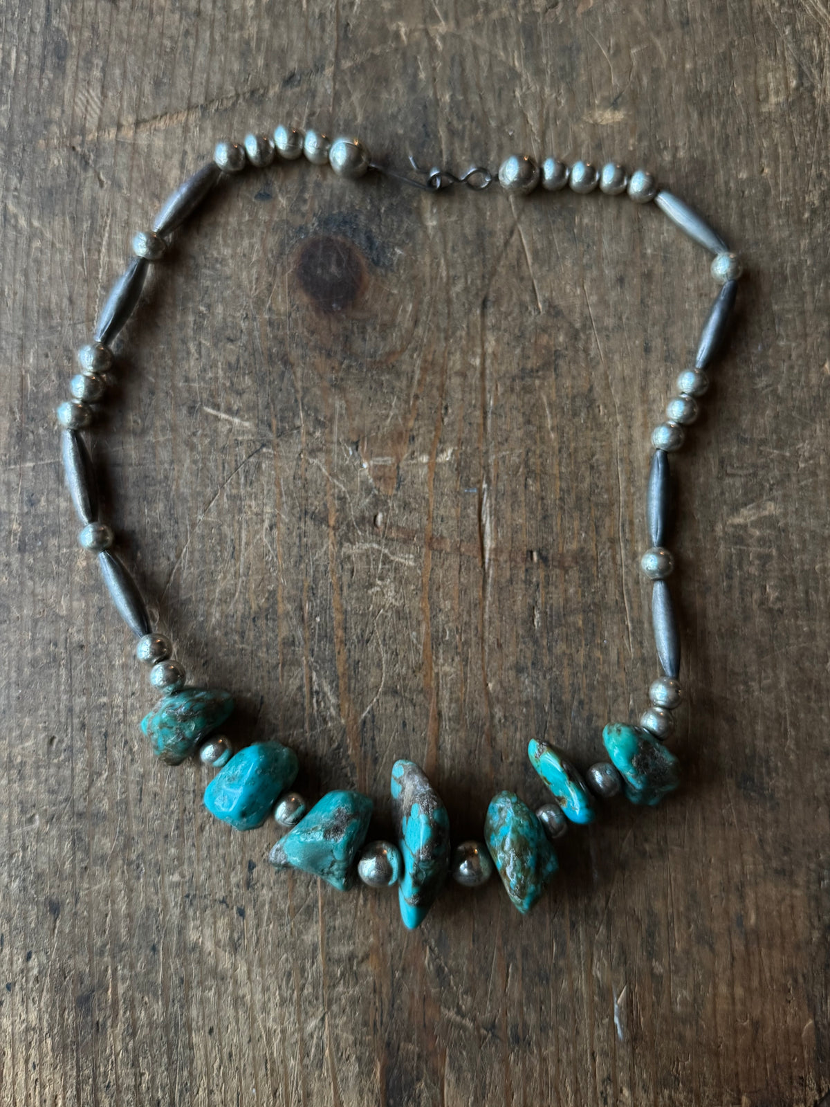 Vintage Sterling Silver Pawn Bead & Chunky Raw Turquoise Choker Necklace