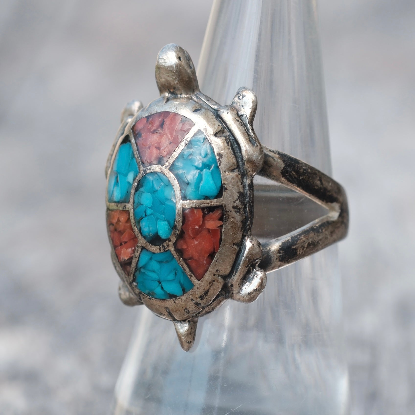 Vintage Sterling Turquoise and Coral Turtle Ring 7.5
