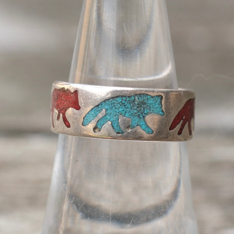 Vintage Sterling Turquoise and Coral Inlay Wolf Band 6.5