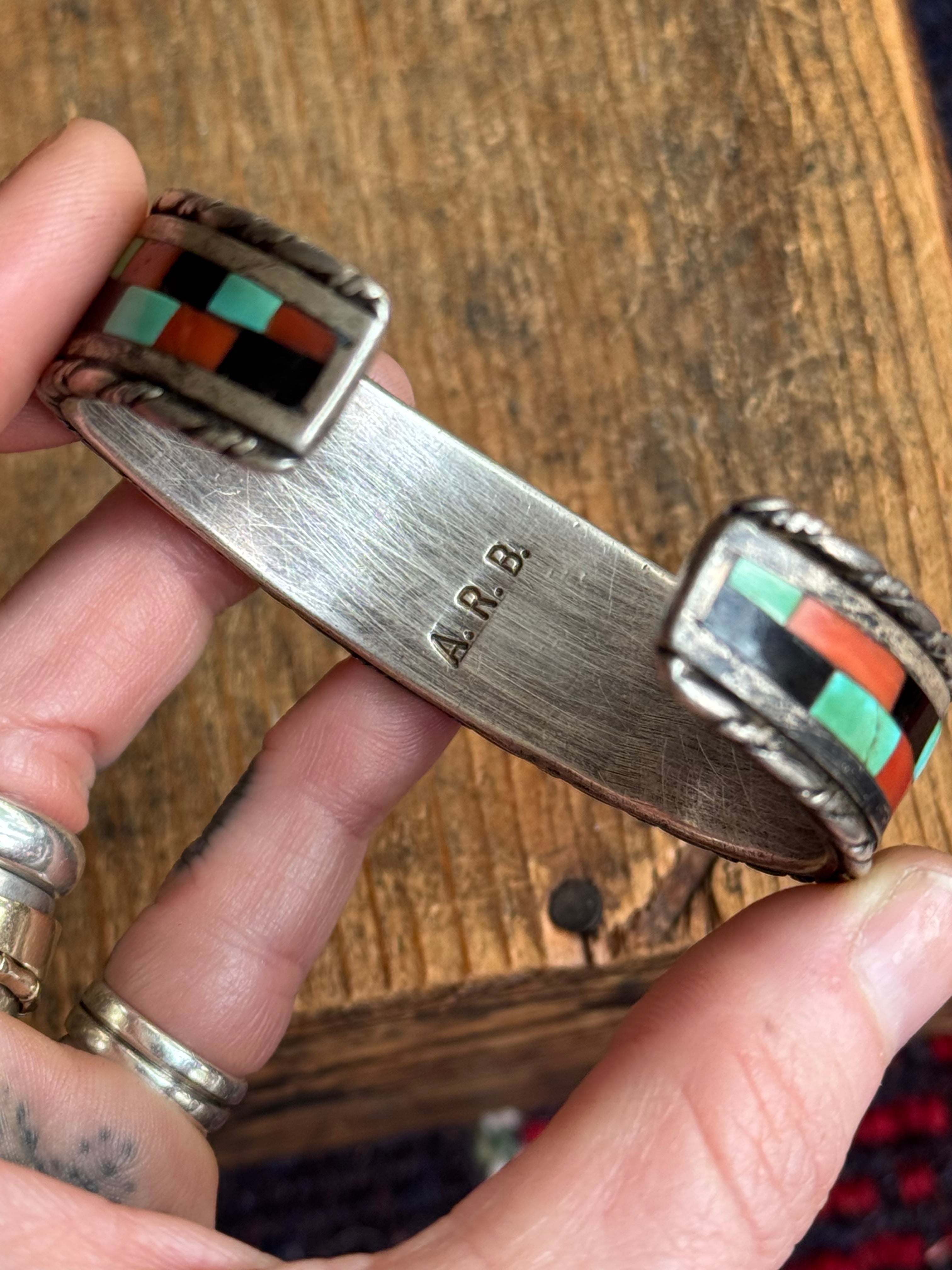 Vintage Sterling Silver Coral Onyx & Turquoise Inlay Cuff