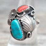Vintage Sterling Turquoise and Coral Feather Ring 7.5