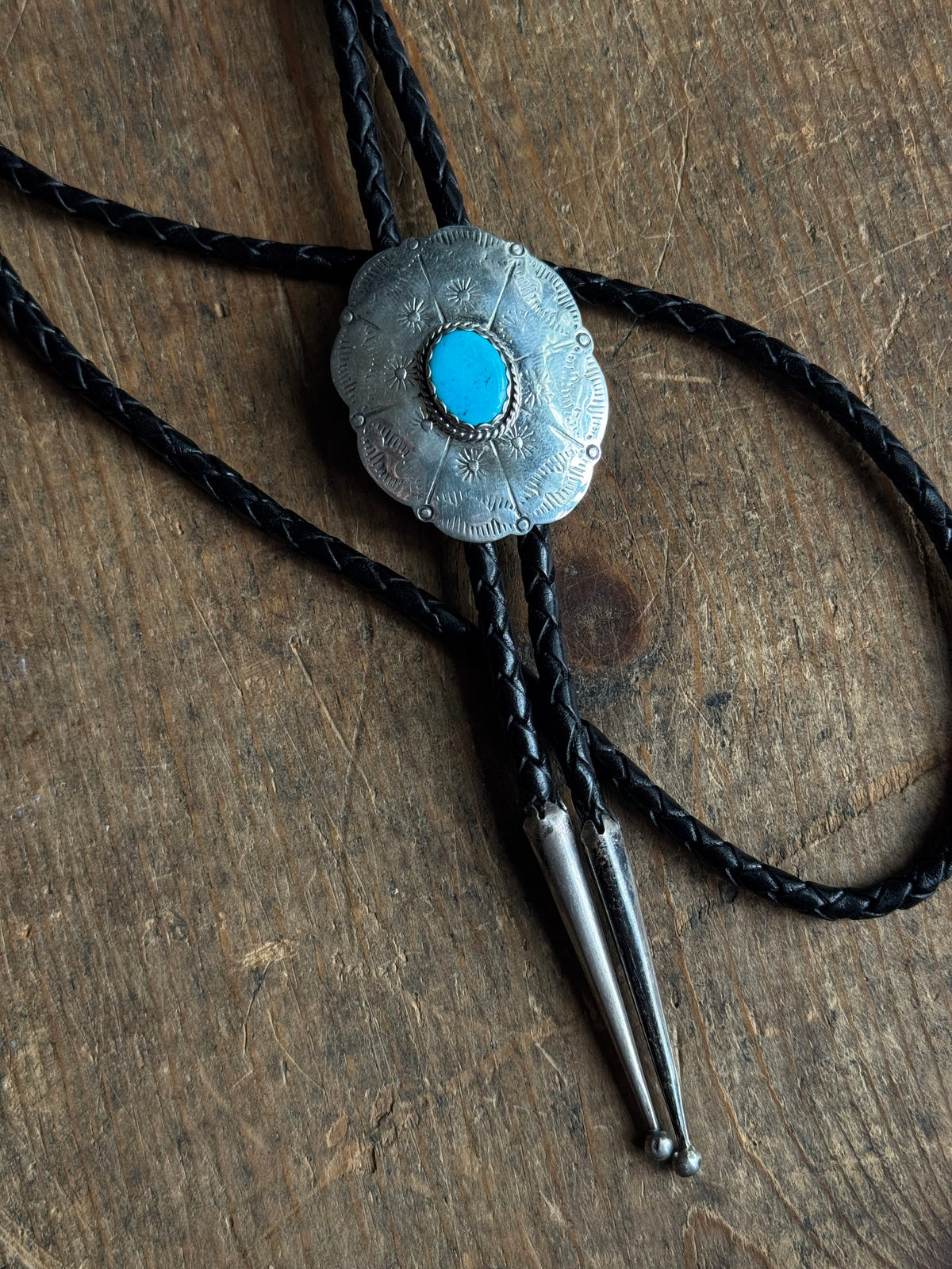 Vintage Sterling SilverTurquoise Stamped Concho Bolo