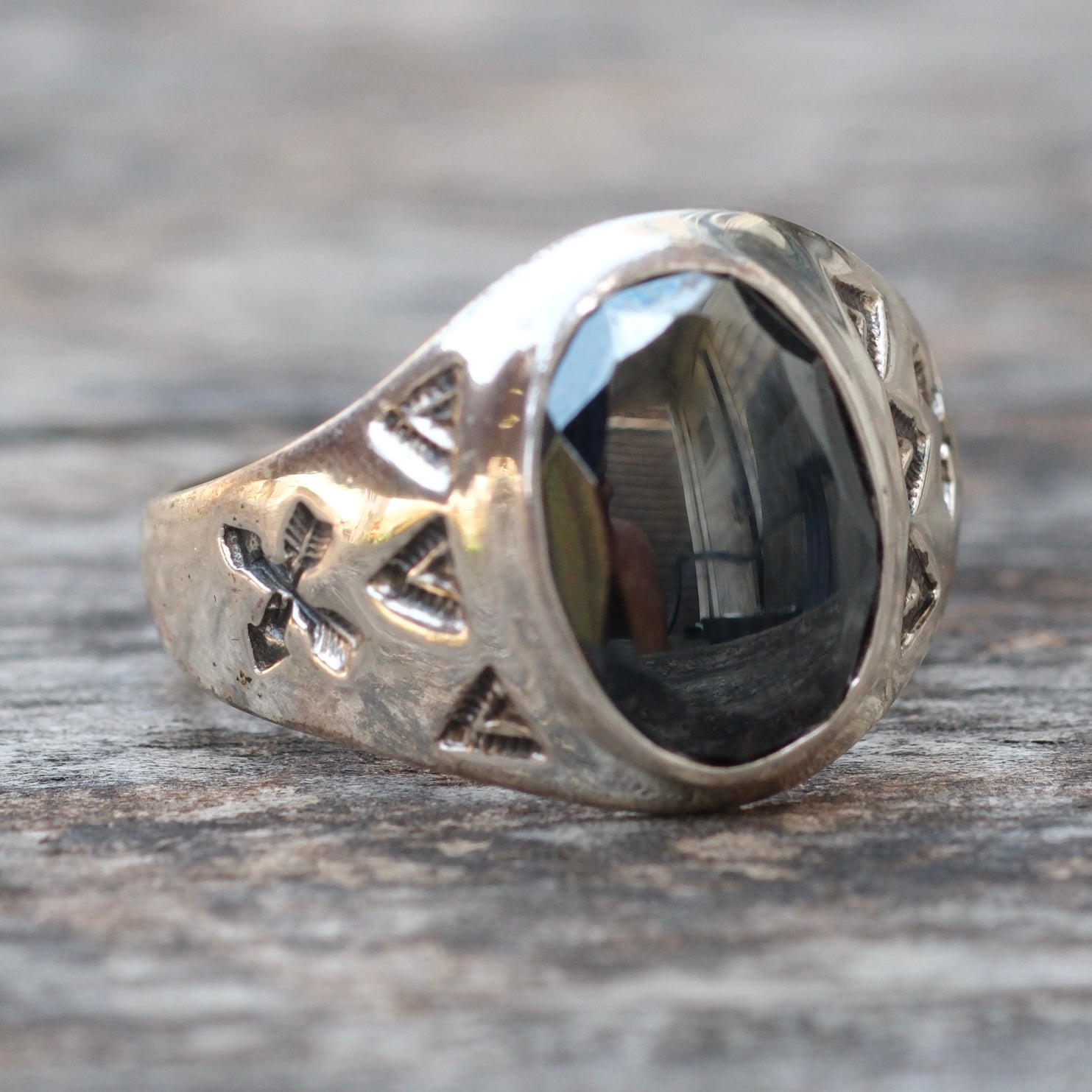 Vintage Sterling Hematite Crossed Arrows Ring 11.5