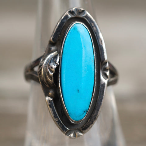 Vintage Sterling Turquoise Feather Ring 7.5