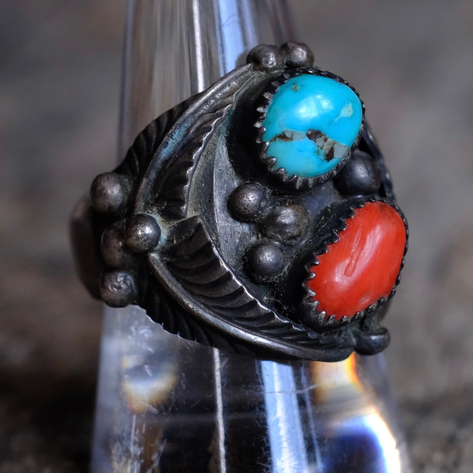 Vintage Sterling Turquoise and Coral Feather Ring 10