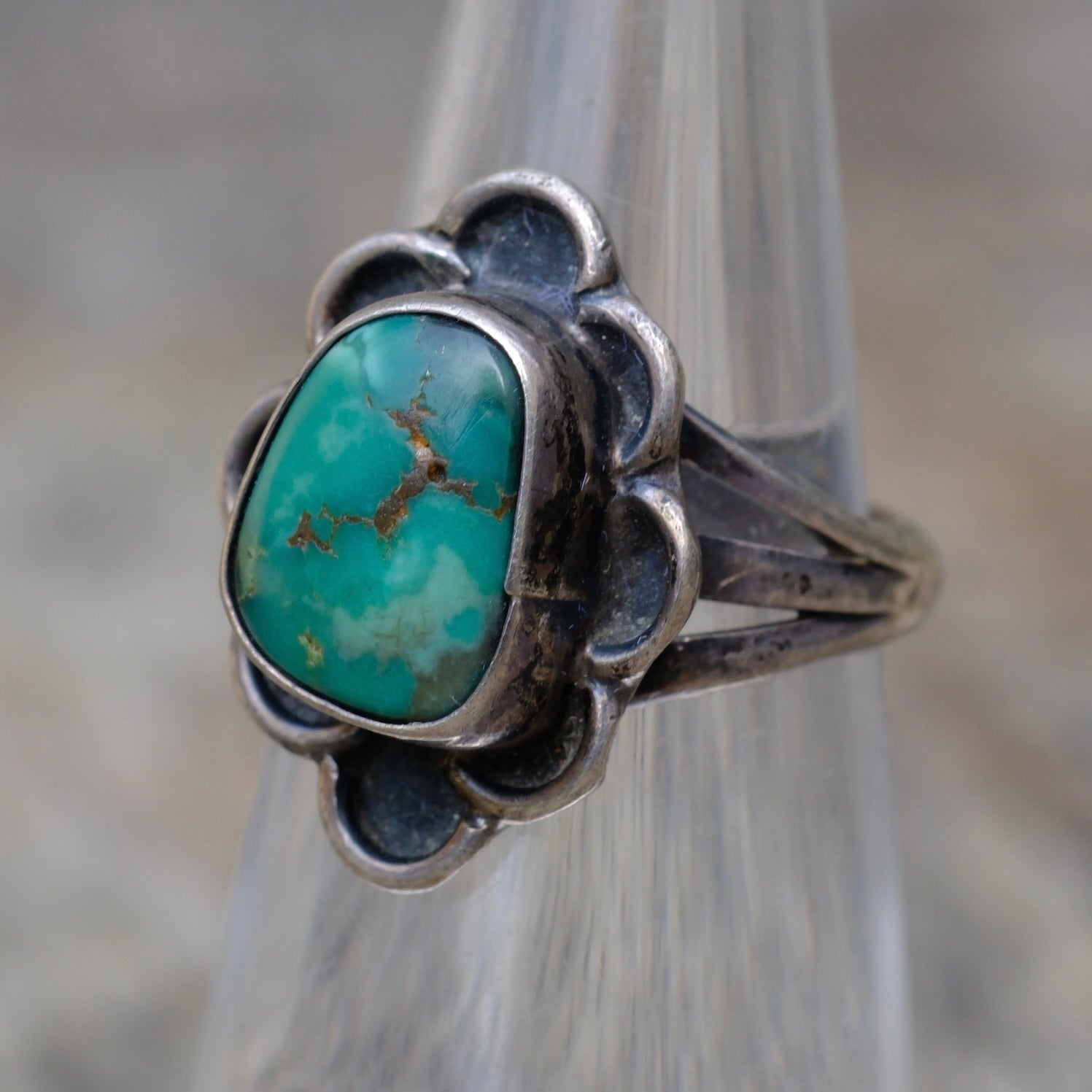 Vintage Sterling Turquoise Florette Ring 4.75