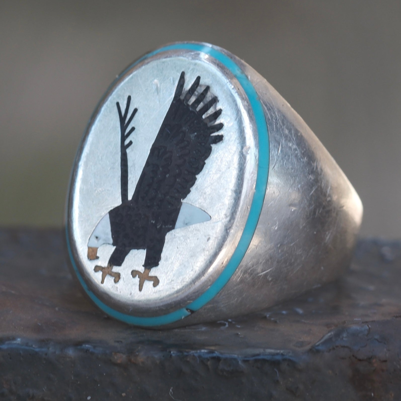 Vintage Sterling Zuni Inlay Eagle Ring 13.5