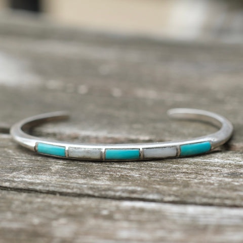 Vintage Sterling Turquoise and Mother Of Pearl Inlay Cuff