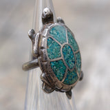 Vintage Sterling Turquoise Inlay Turtle Ring 2