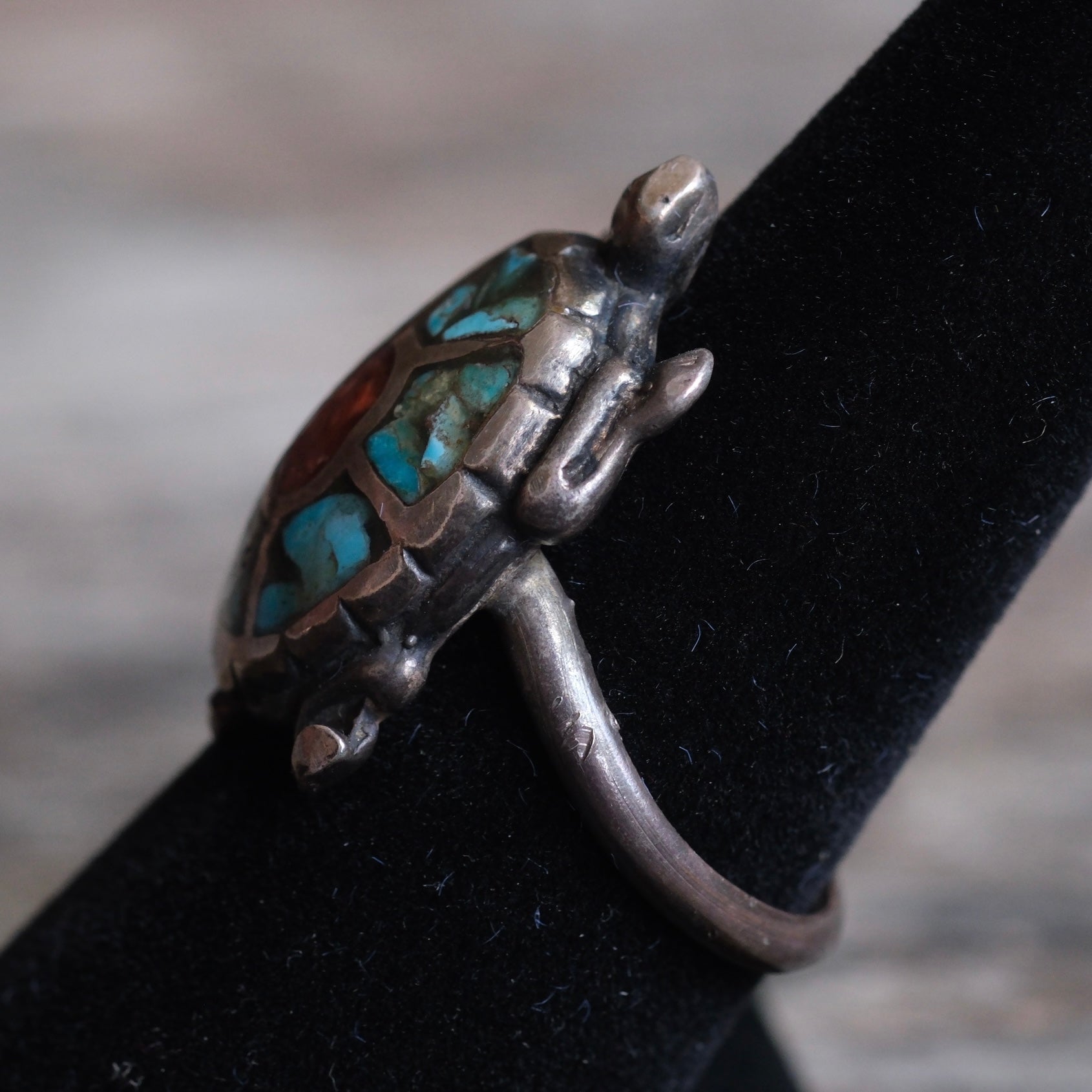 Vintage Sterling Turquoise and Coral Inlay Turtle Ring 7.25