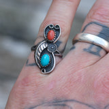 Vintage Sterling Turquoise and Coral Feather Ring 5.75
