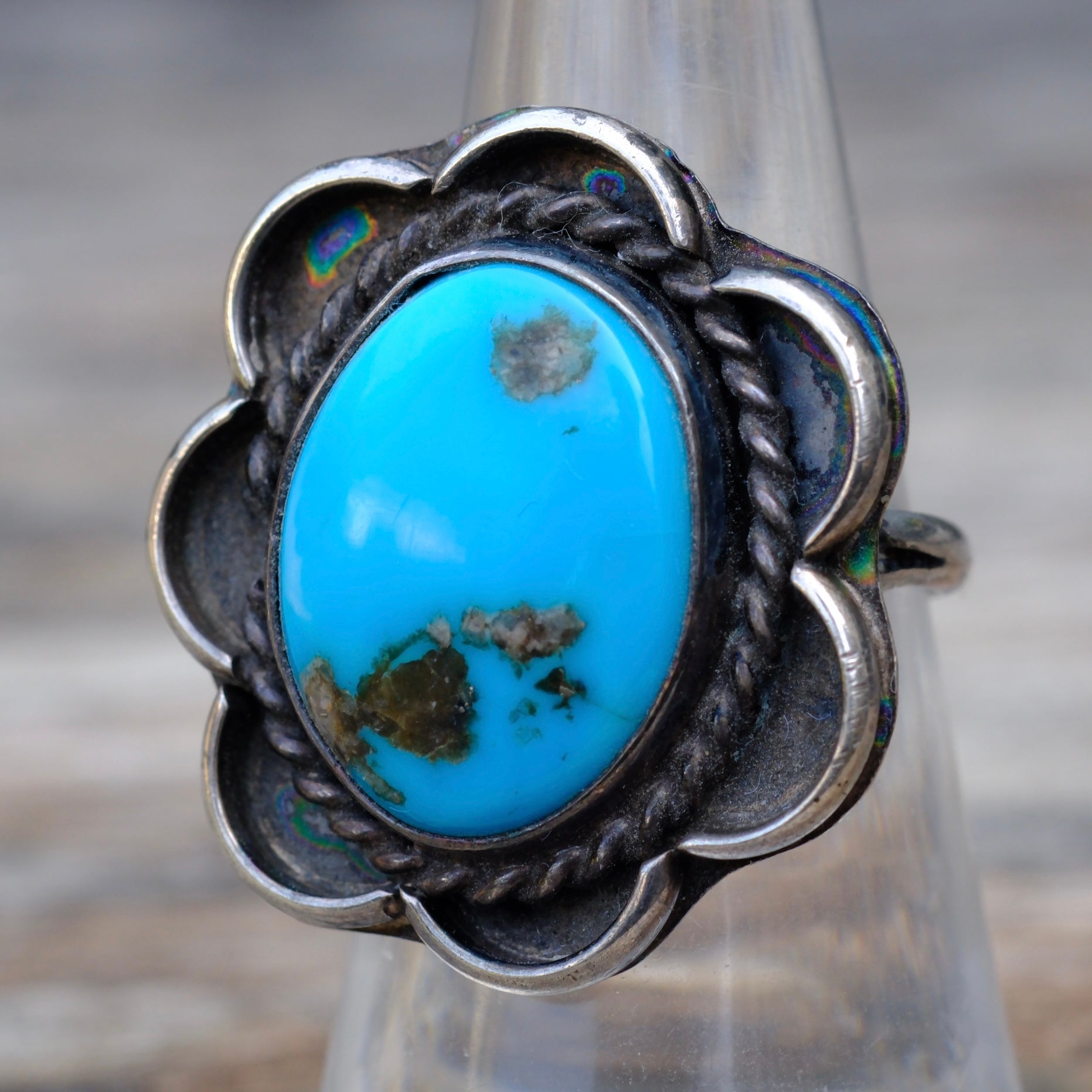 Vintage Sterling Turquoise Florette Ring 7.25