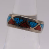 Vintage Sterling Crushed Turquoise and Coral Band Ring 5
