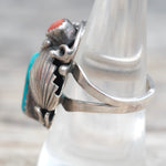 Vintage Sterling Turquoise and Coral Feather Ring 7.5