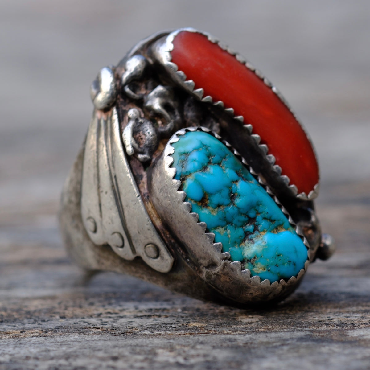 Vintage Sterling Turquoise and Coral Ring 10.5