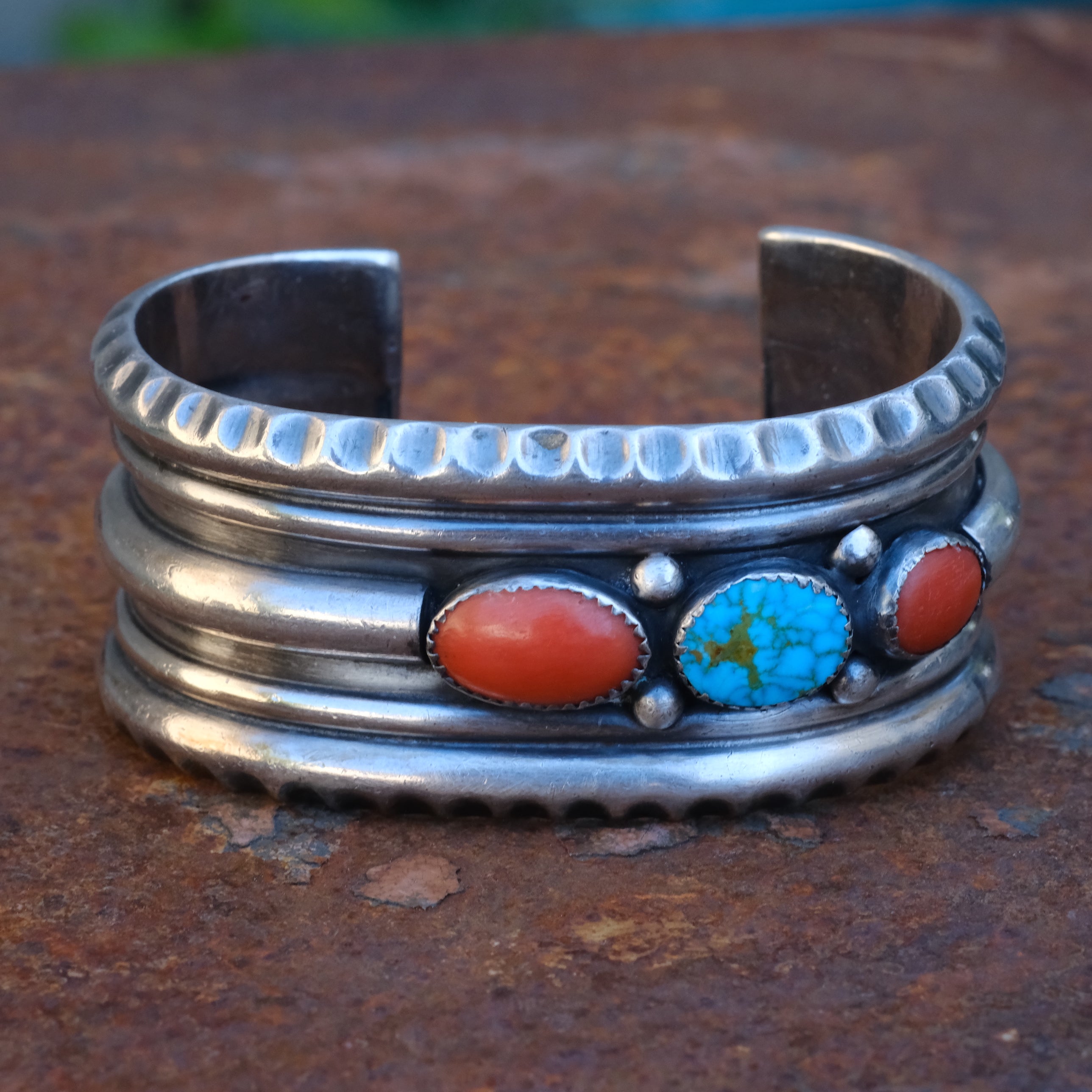 Vintage Sterling Turquoise and Coral Cuff Bracelet