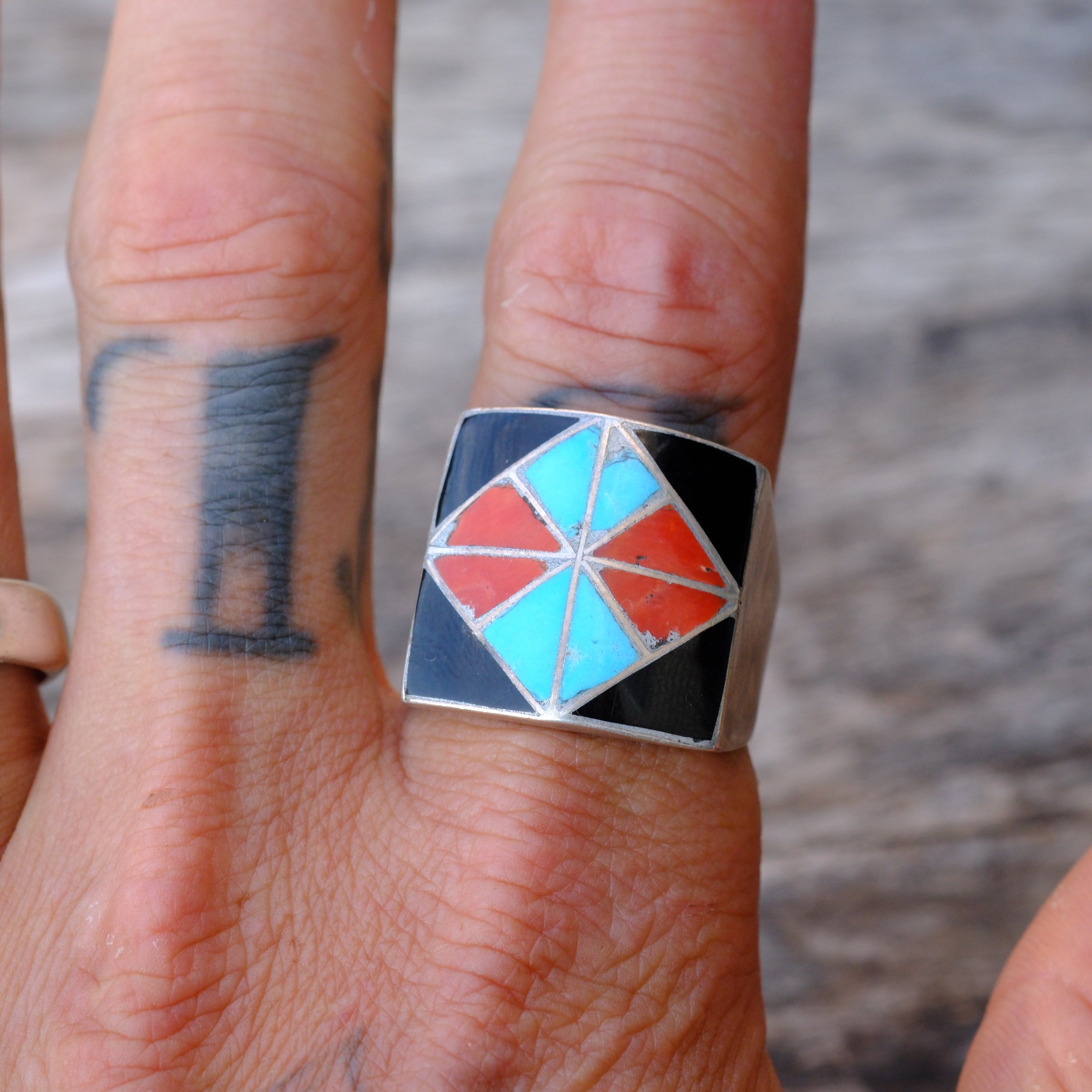 Vintage Sterling Multistone Inlay Ring 11