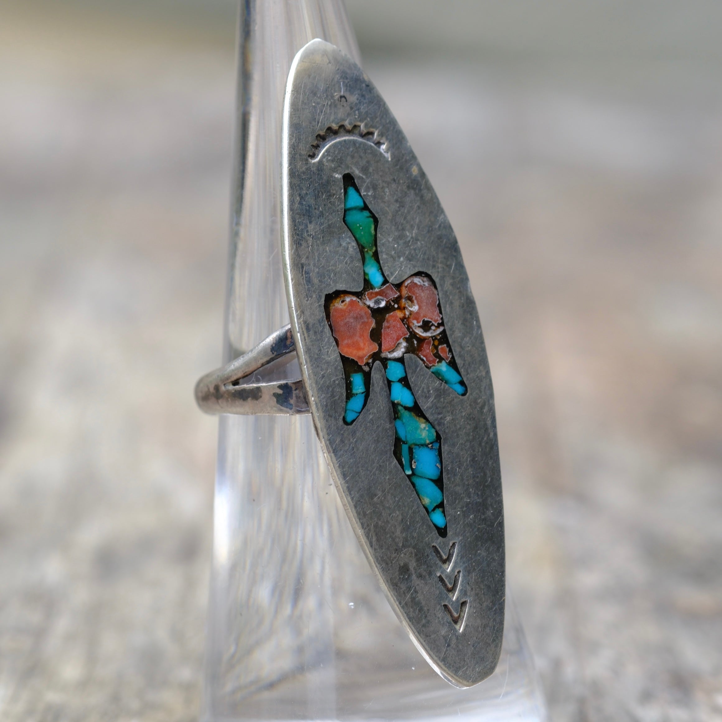 Vintage Sterling Turquoise and Coral Inlay Peyote Bird Ring 5.5