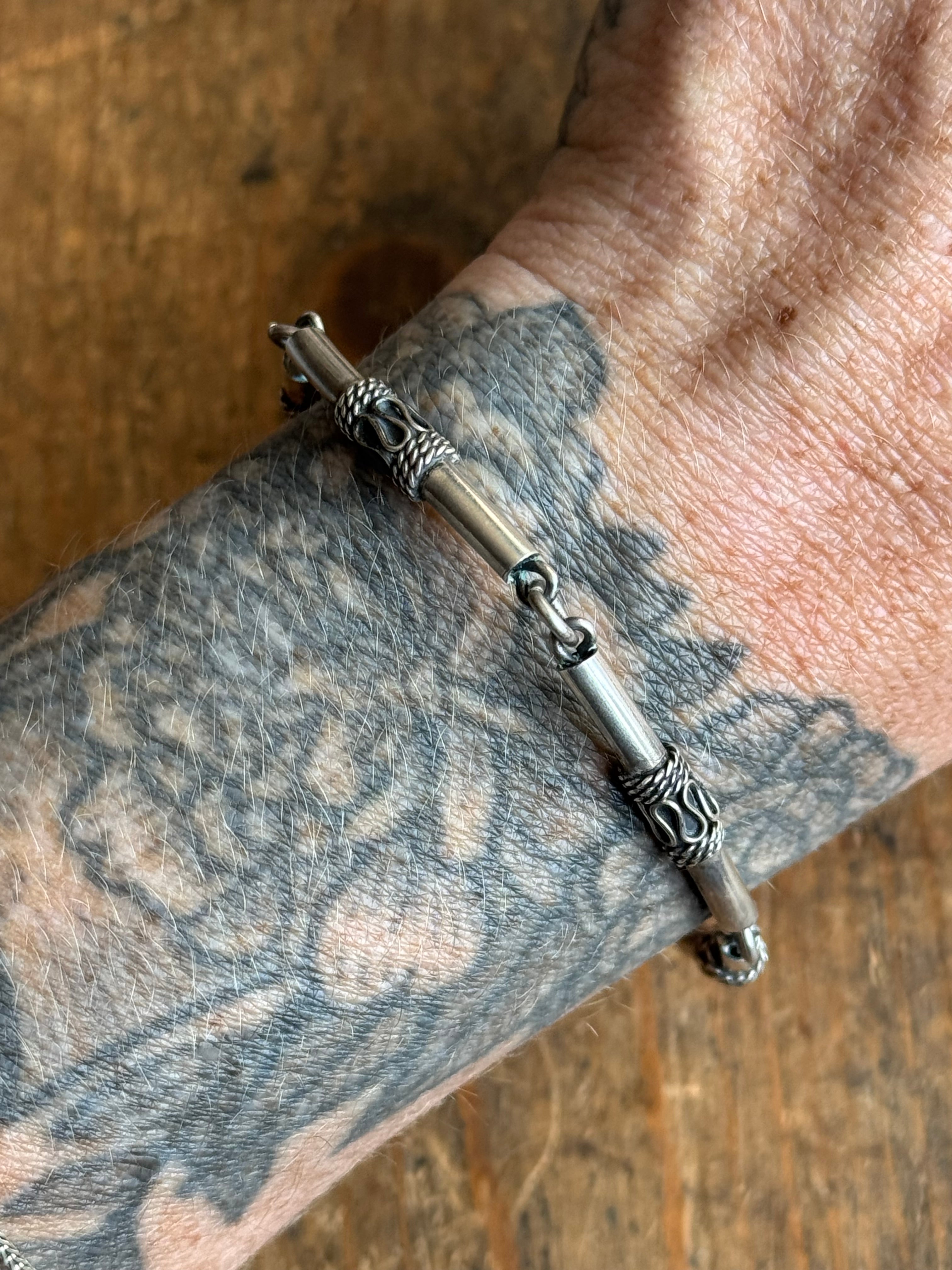 Vintage Sterling Silver 7.25” Tribal Tube Link Bracelet