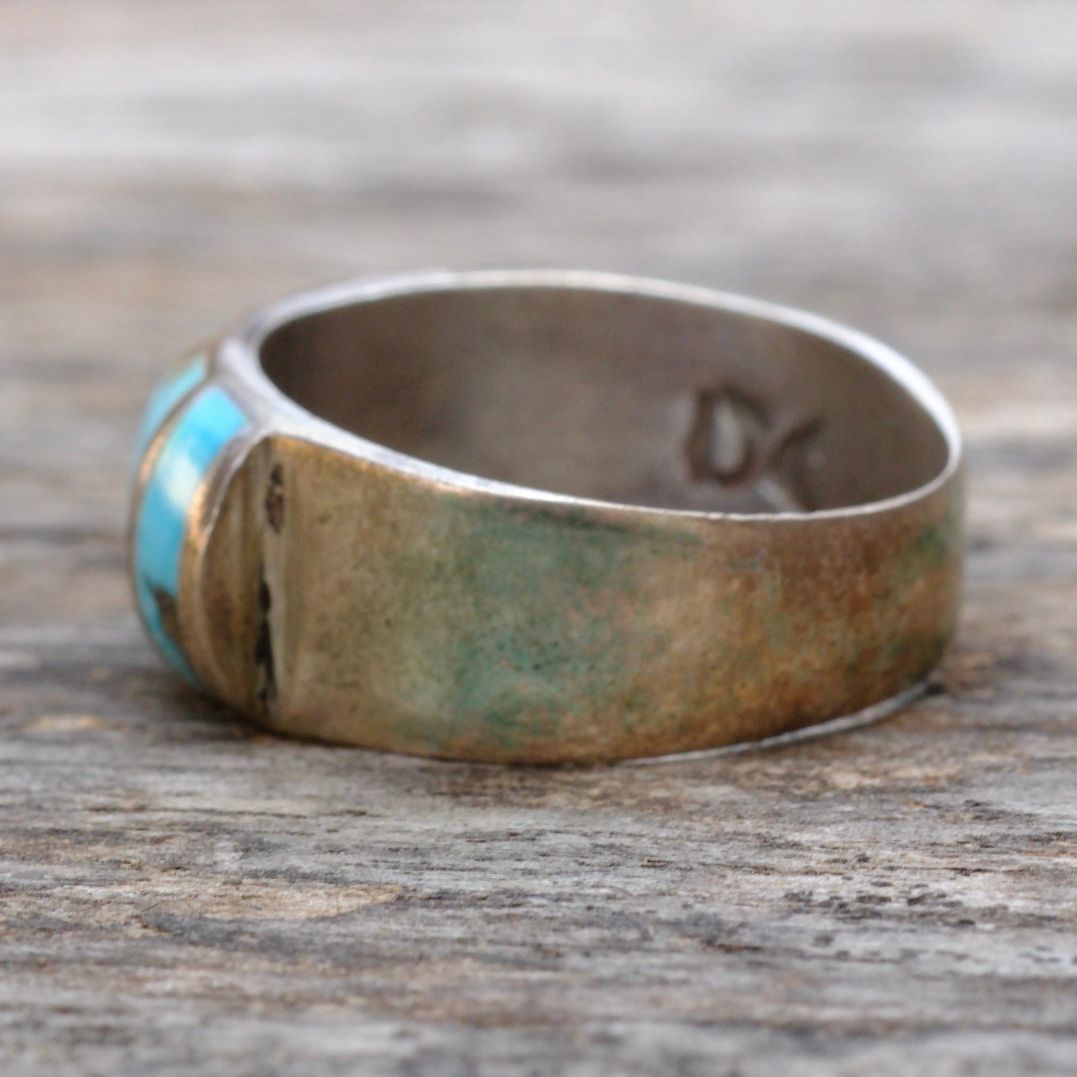 Vintage Sterling Turquoise Inlay Thick Band Ring 10.25