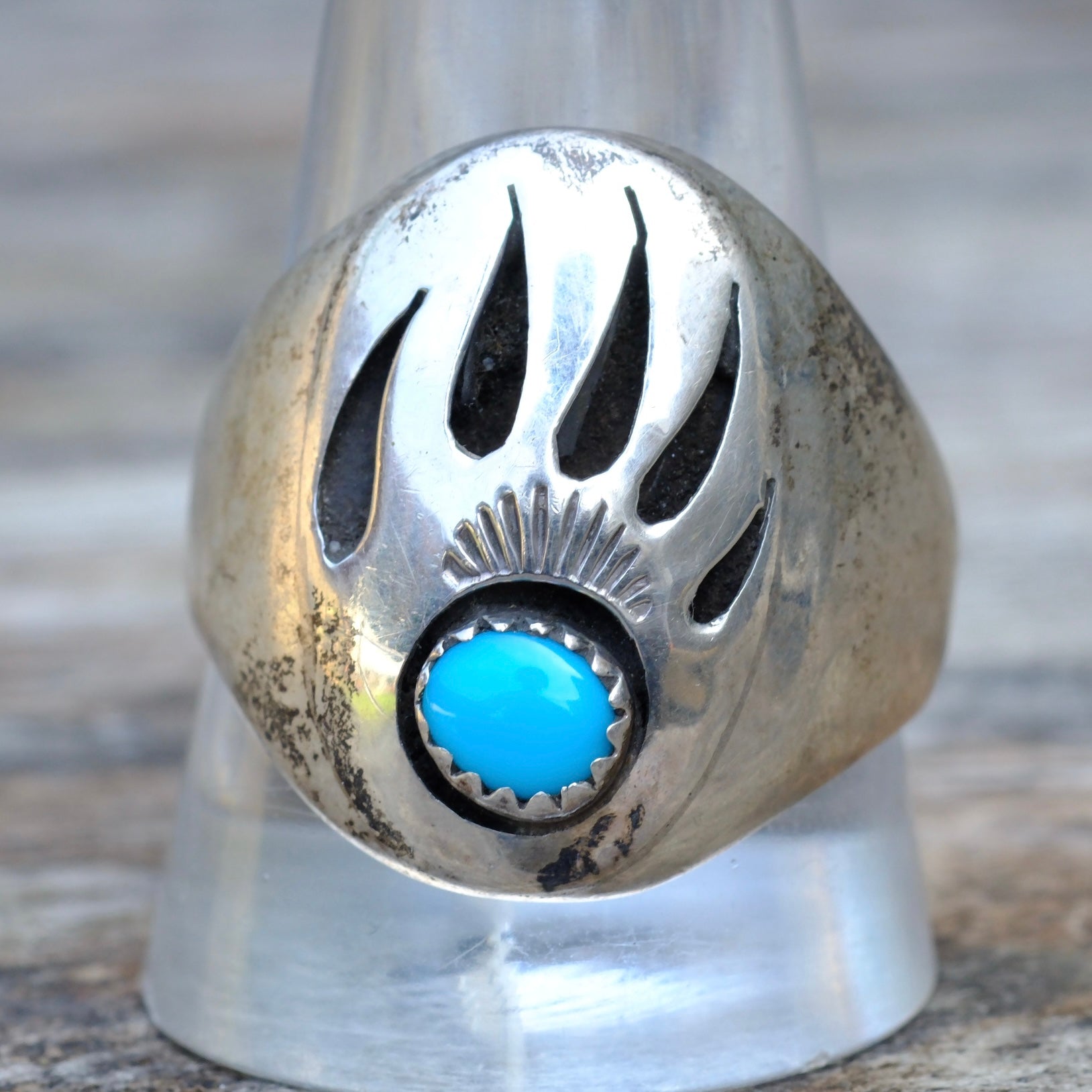 Vintage Sterling Turquoise Bear Paw Ring 12.25