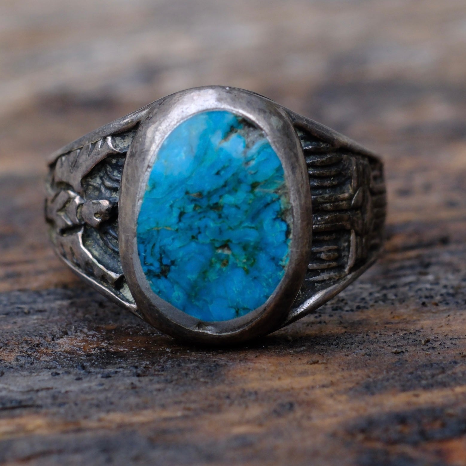 Vintage Sterling Turquoise Thunderbird and Zia Ring 9.75